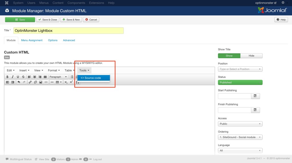 You'll want to add your embed code using the Source Code campaign when creating your Module in Joomla!