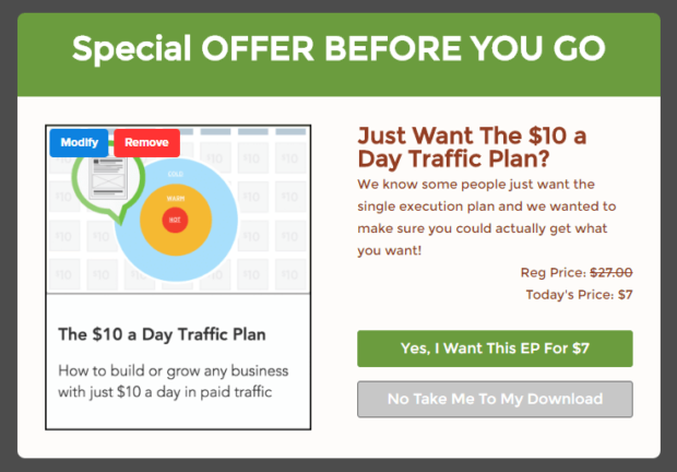 DigitalMarketer's exit offer that says "Special Offer Before You Go. Just Want The $10 a Day Traffic Plan?" and provides a discounted price of $7 (compared to the regular price of $27). 