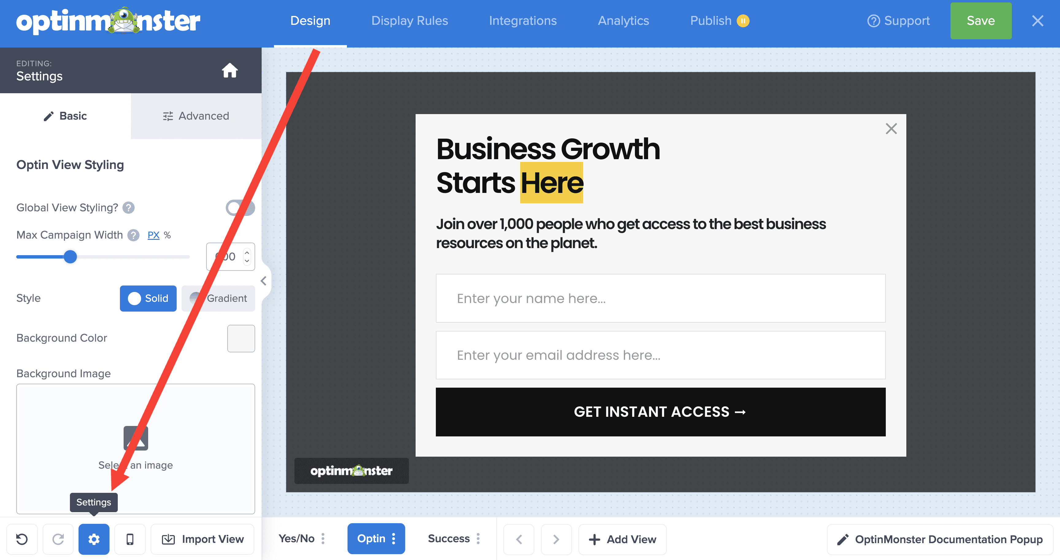 Open the campaign settings from the footer toolbar in OptinMonster