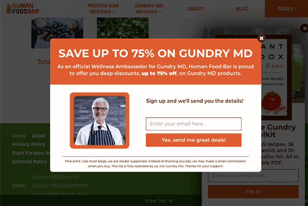 Human Food Bar's email popup that offers 75% off Gundry MD products in exchange for an eemail address.